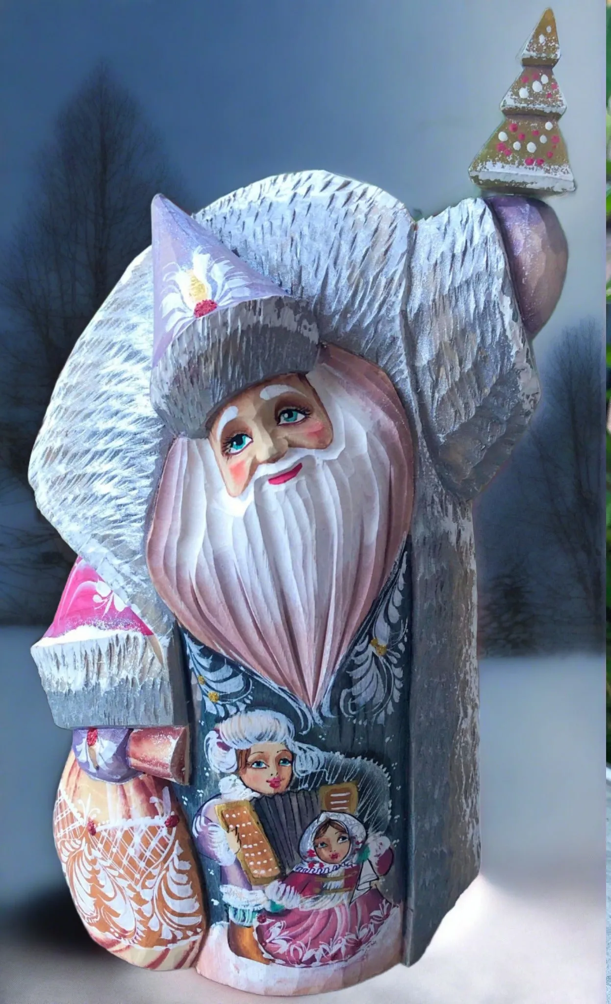 Carved Russian Santa- Red Coat with Acordian Player