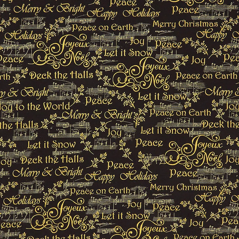 Deck The Halls - Christmas Words And Music Notes Black Metallic Yardage