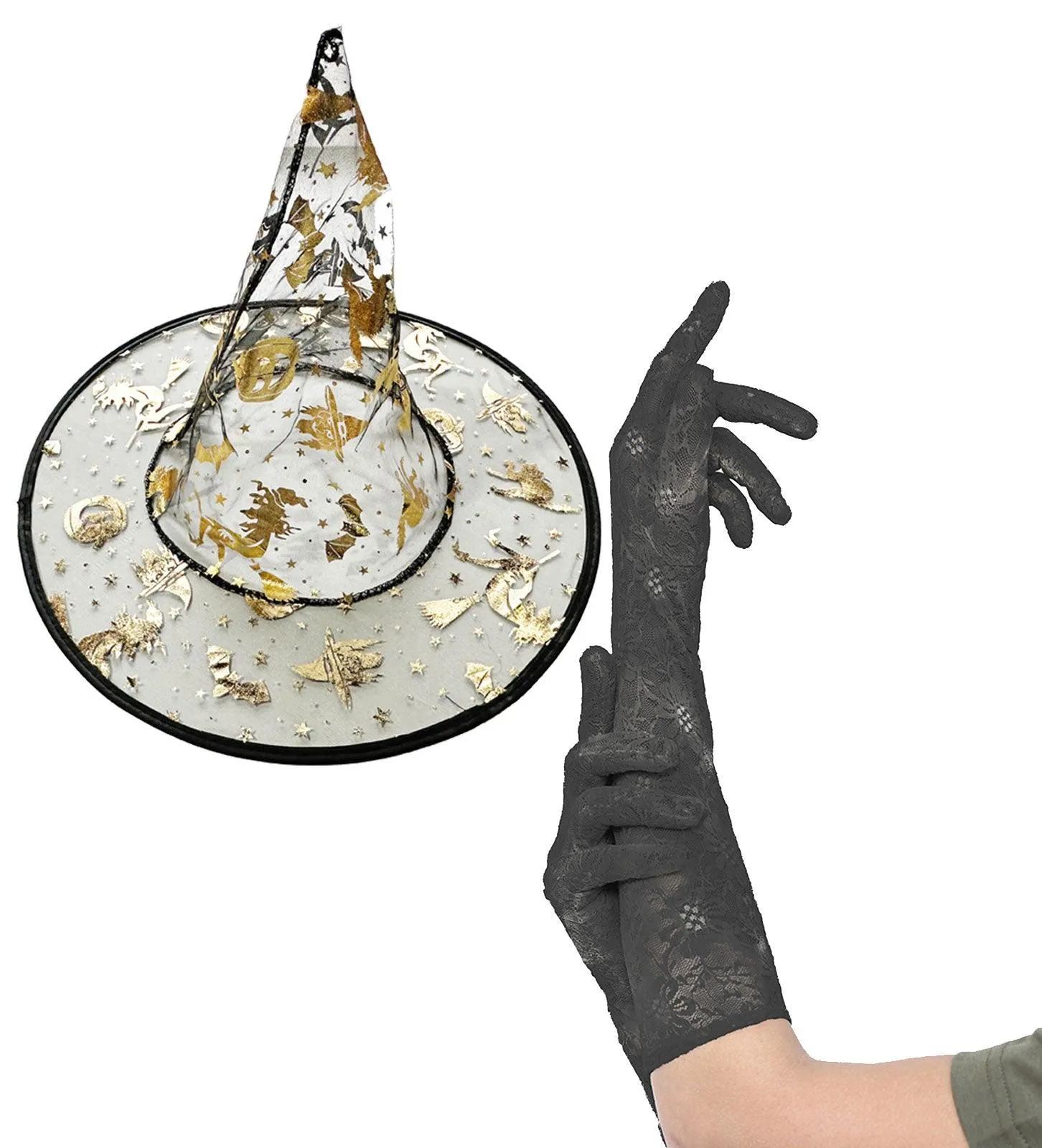 Enchanting Black Witch Hat with Gold Halloween Prints & Long Lace Gloves Set
