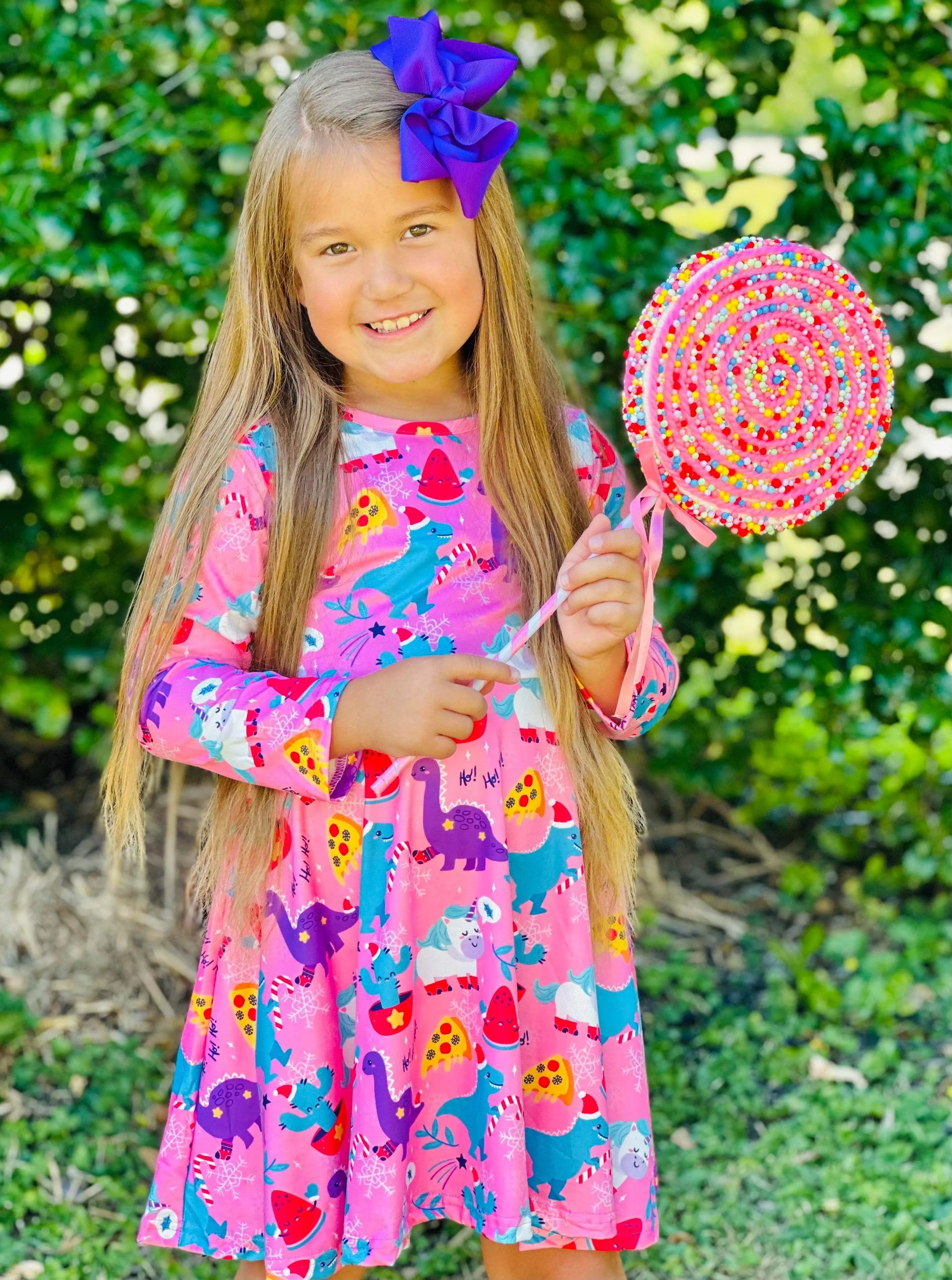 Pink Prehistoric Holiday Pizza Party Twirl Dress