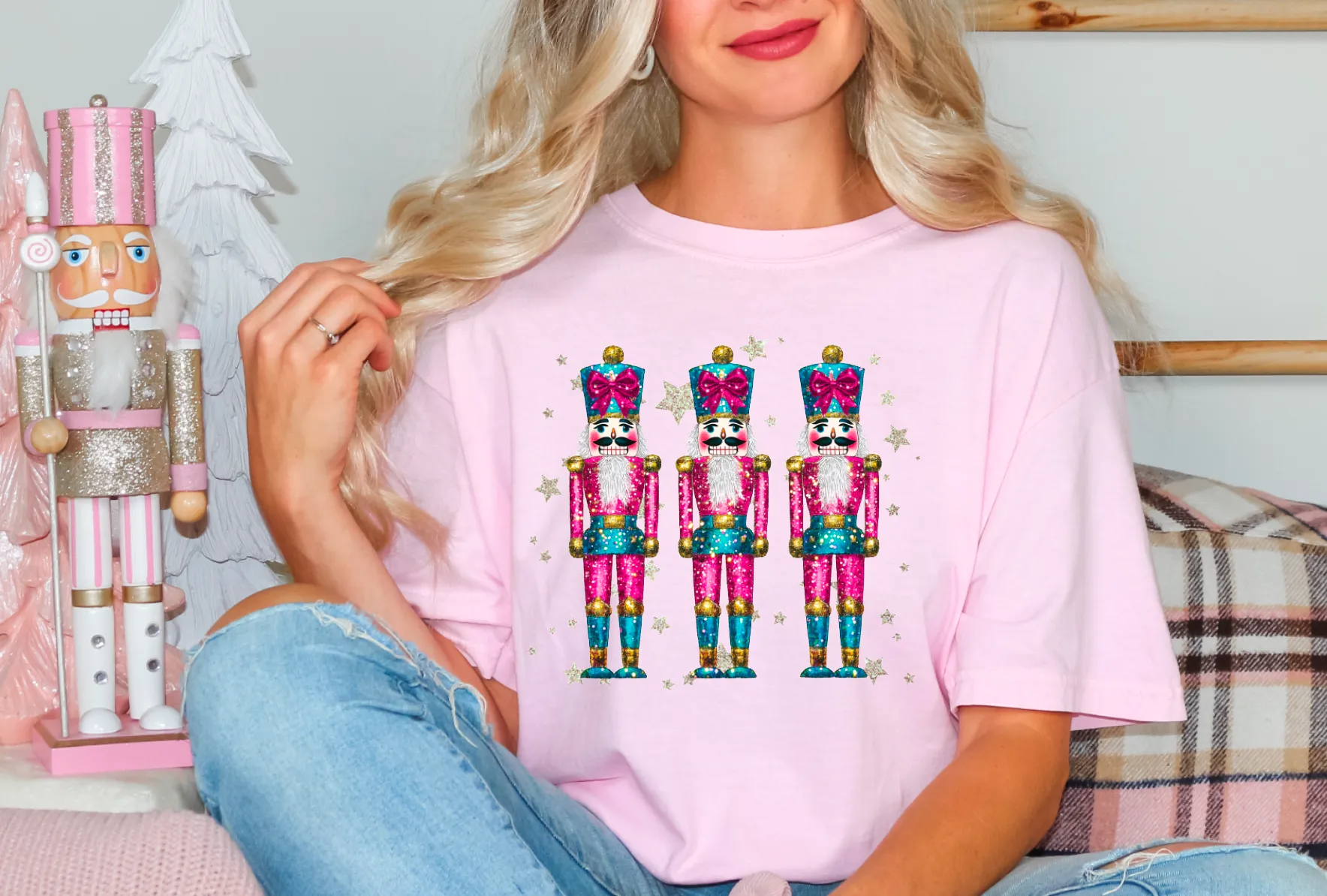 Preppy Faux Glitter Nutcrackers Graphic Tee Christmas     