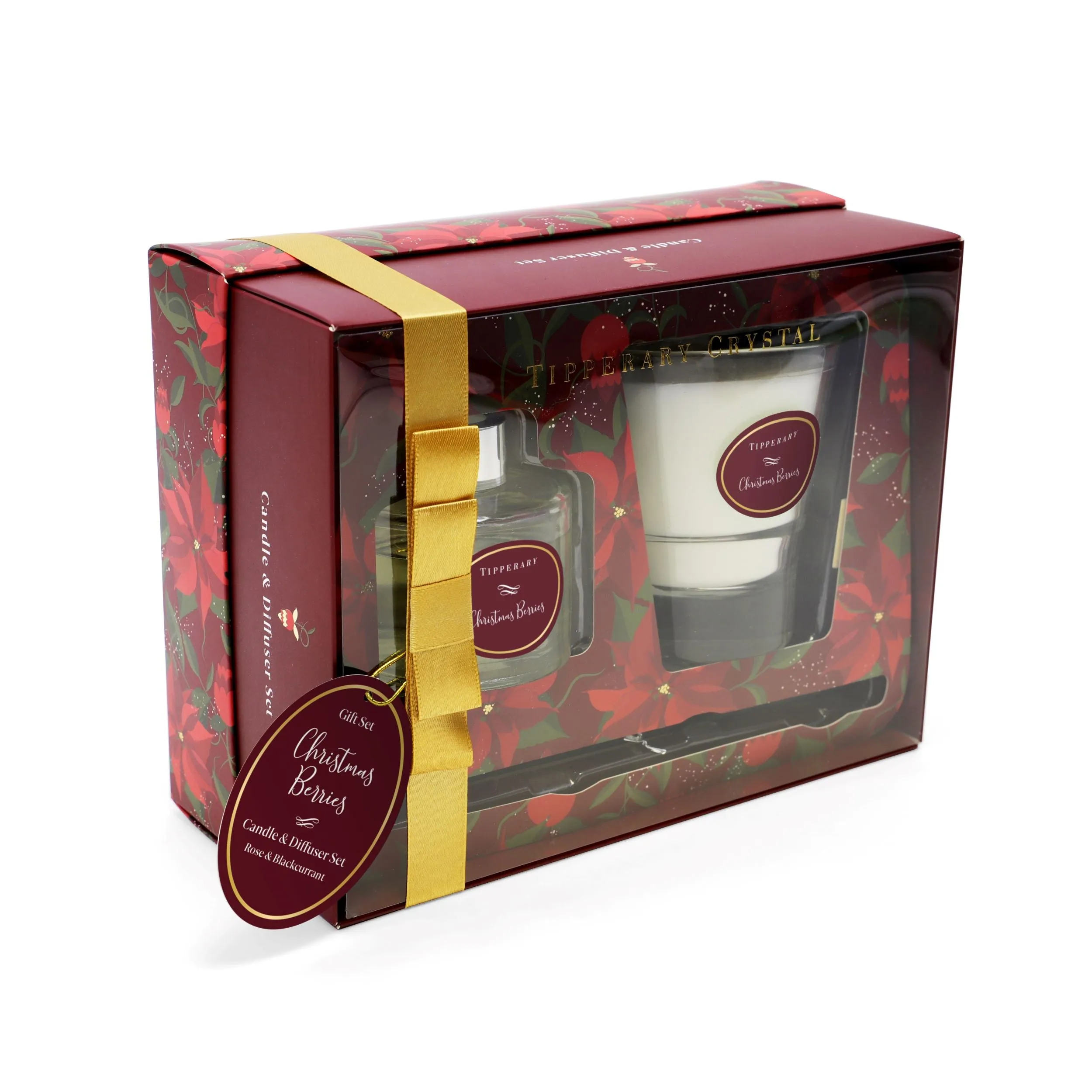Tipperary Crystal Poinsettia Candle & Diffuser Set - Christmas Berries 2023